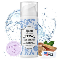 LilyAna Naturals eye cream tube closeup highlighting deep hydration for puffiness and fine lines.