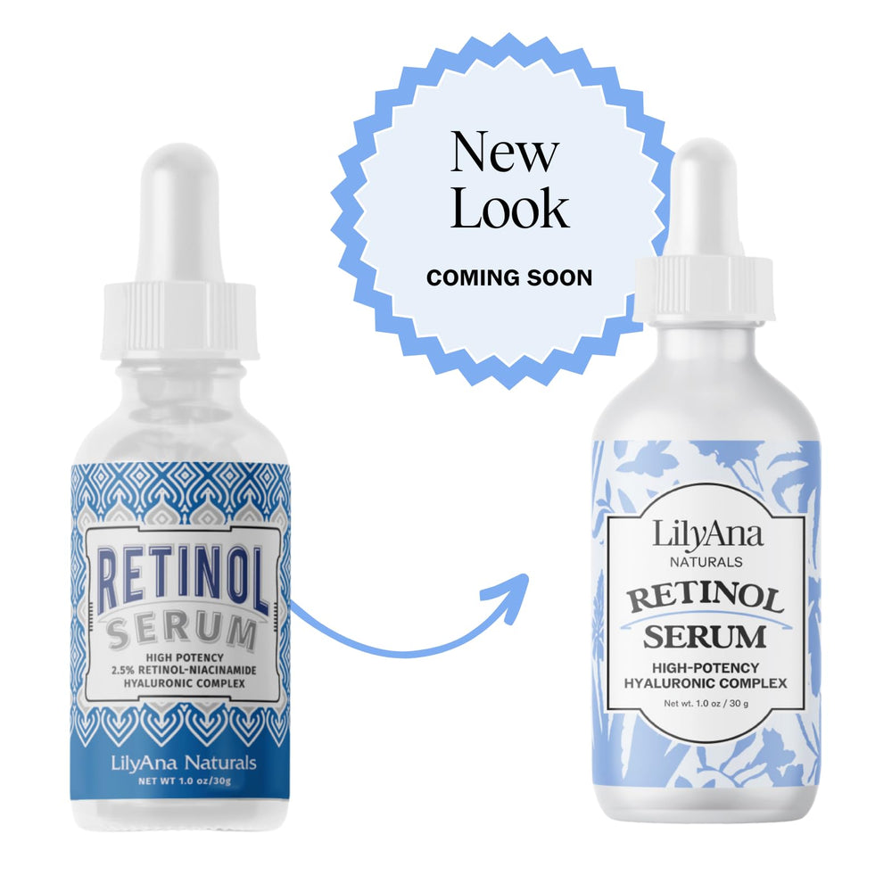 LilyAna Naturals Retinol Serum ingredients list closeup highlights clean vegan formulation