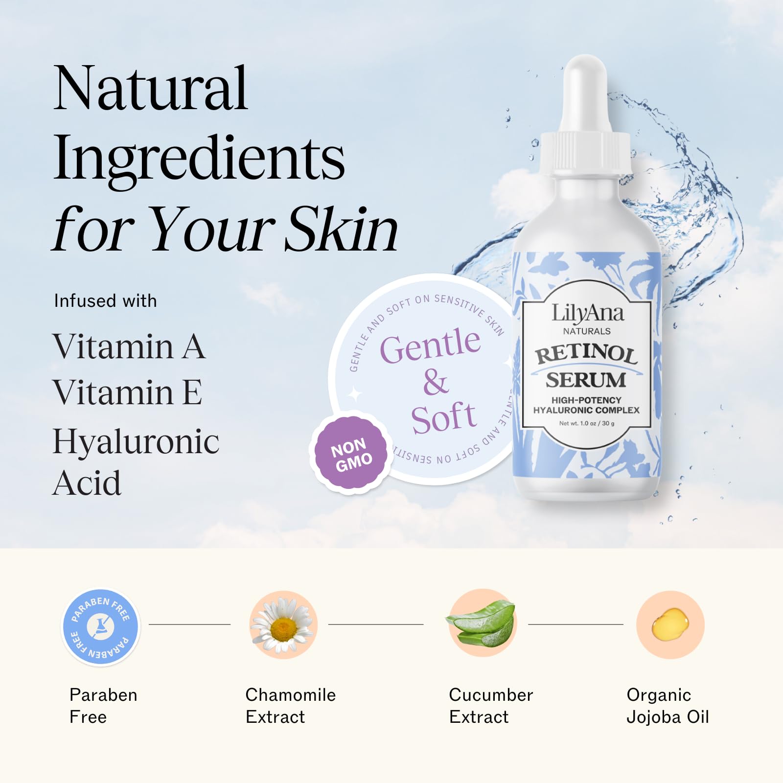 LilyAna Naturals Retinol Serum label closeup signals a gentle, clean formula for sensitive skin