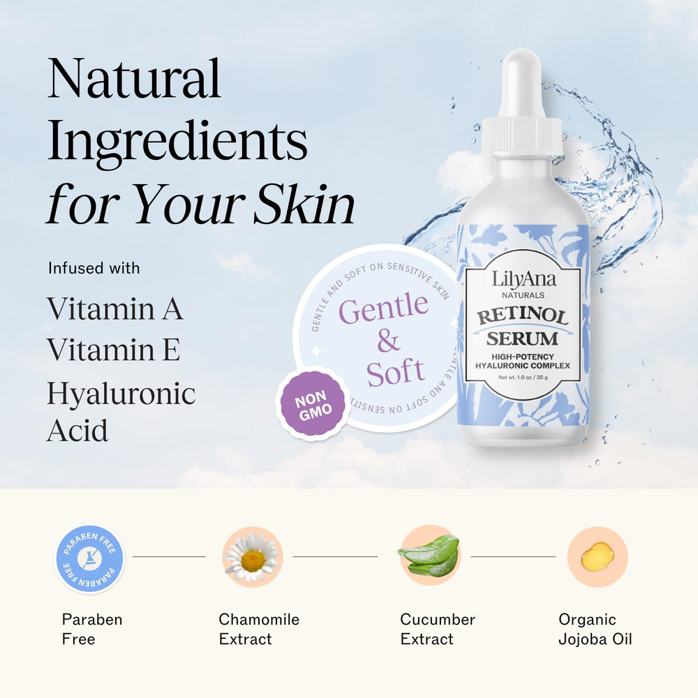 LilyAna Naturals Retinol Serum label closeup signals a gentle, clean formula for sensitive skin