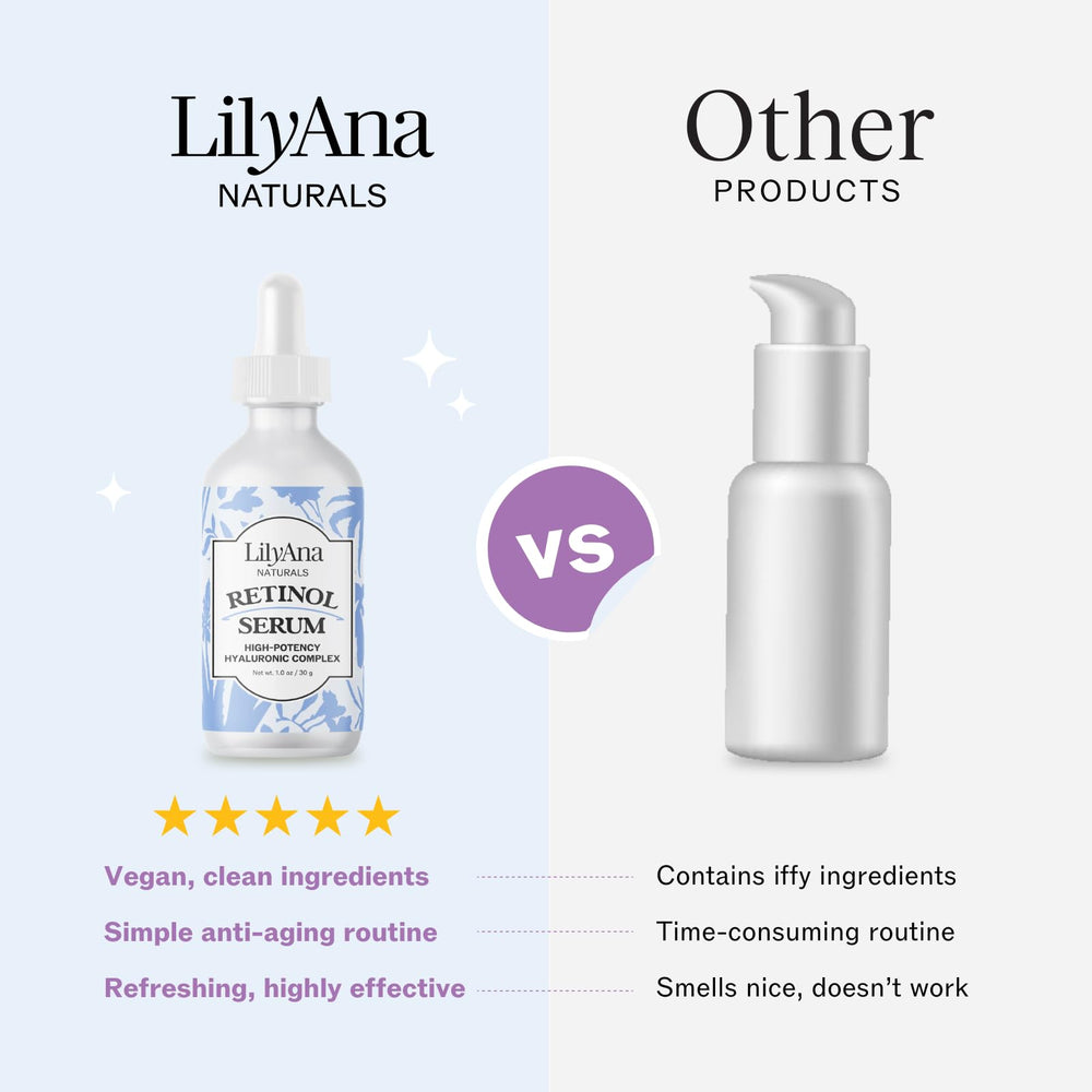 LilyAna Naturals Retinol Serum texture closeup suggests creamy, fast-absorbing hydration