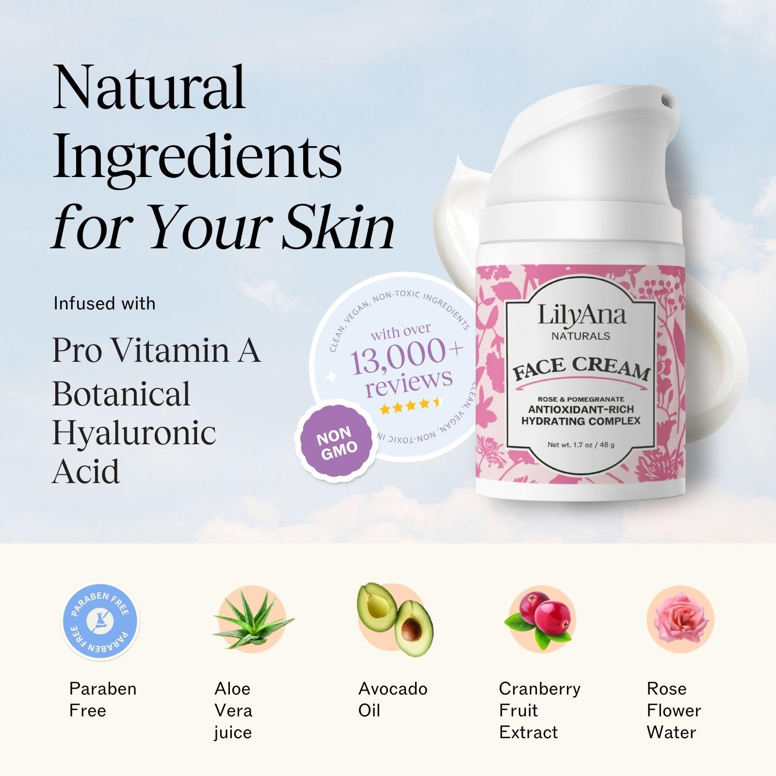 LilyAna Naturals rose and aloe ingredients support soothing, radiant skin.