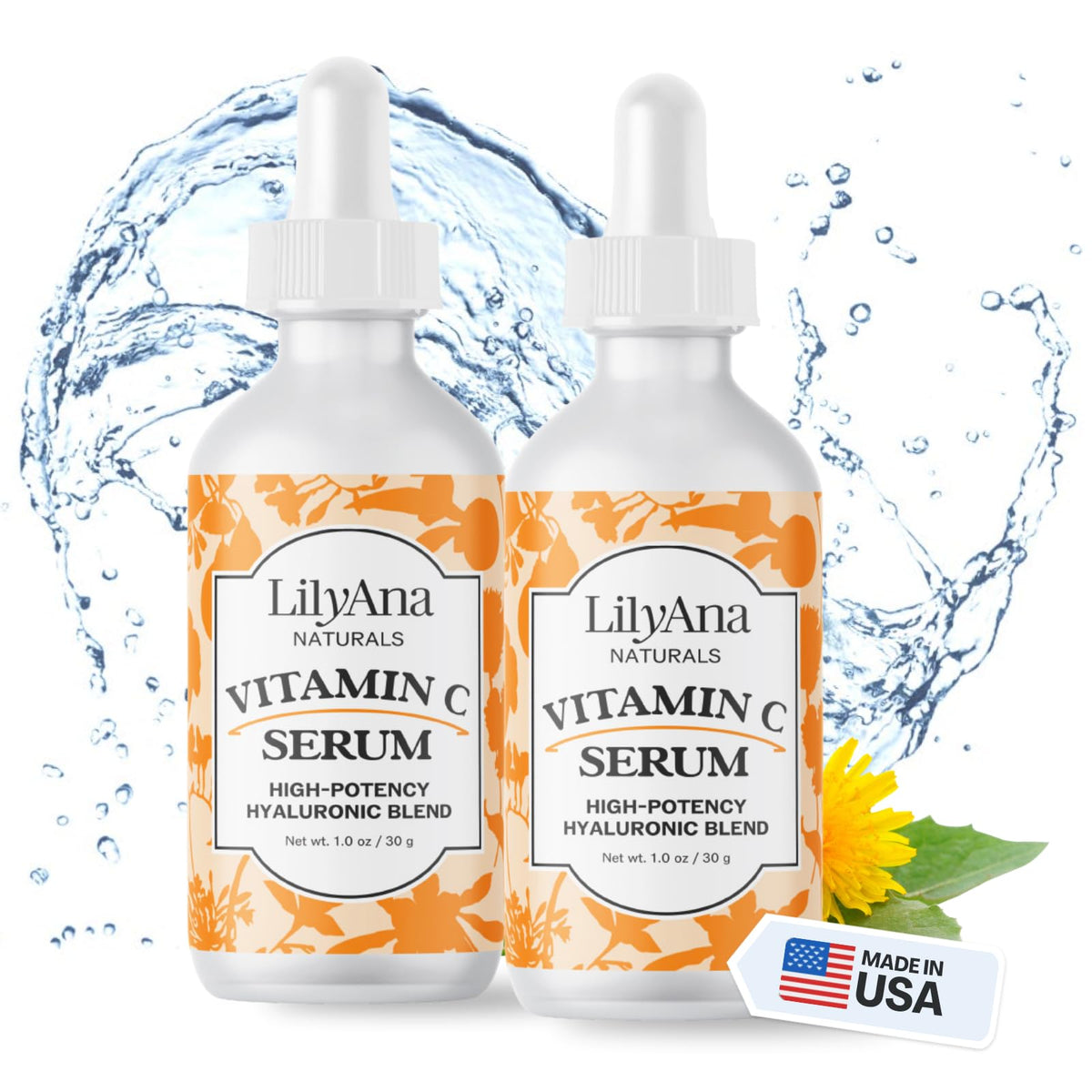 LilyAna Naturals Vitamin C Serum bottle close-up with brightening glow.