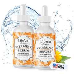 LilyAna Naturals Vitamin C Serum bottle close-up with brightening glow.
