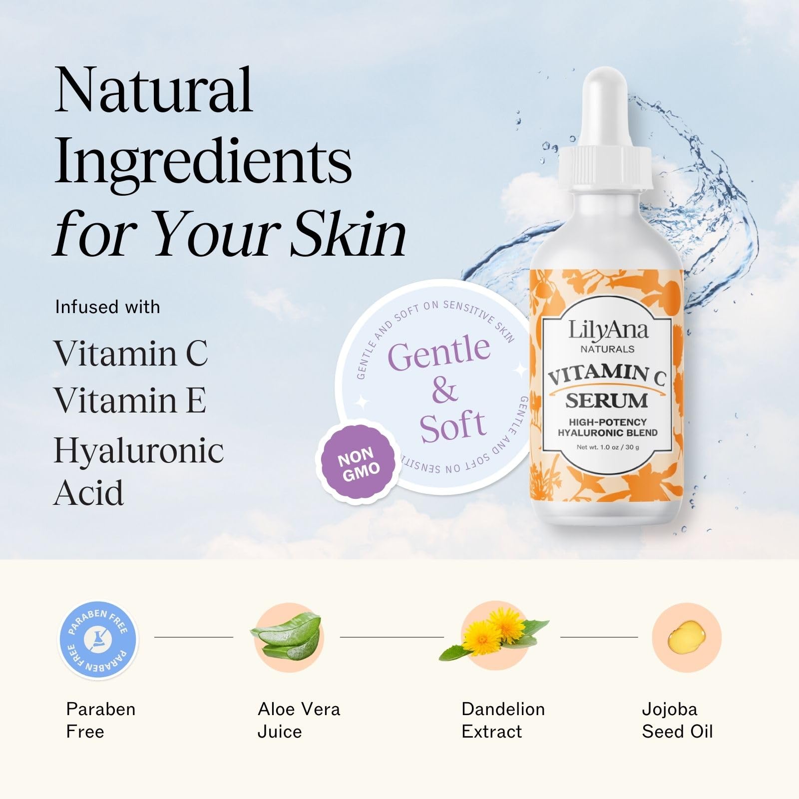 LilyAna Naturals Vitamin C Serum bottle featuring hyaluronic acid for hydration