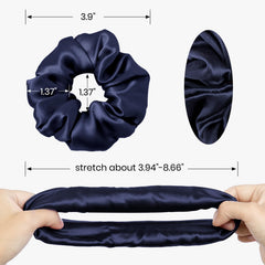 LilySilk silk hair scrunchies navy on ponytail demonstrates secure hold without marks
