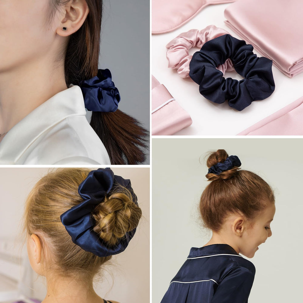 LilySilk navy silk scrunchie close-up highlights soft, breathable fabric and gentle grip