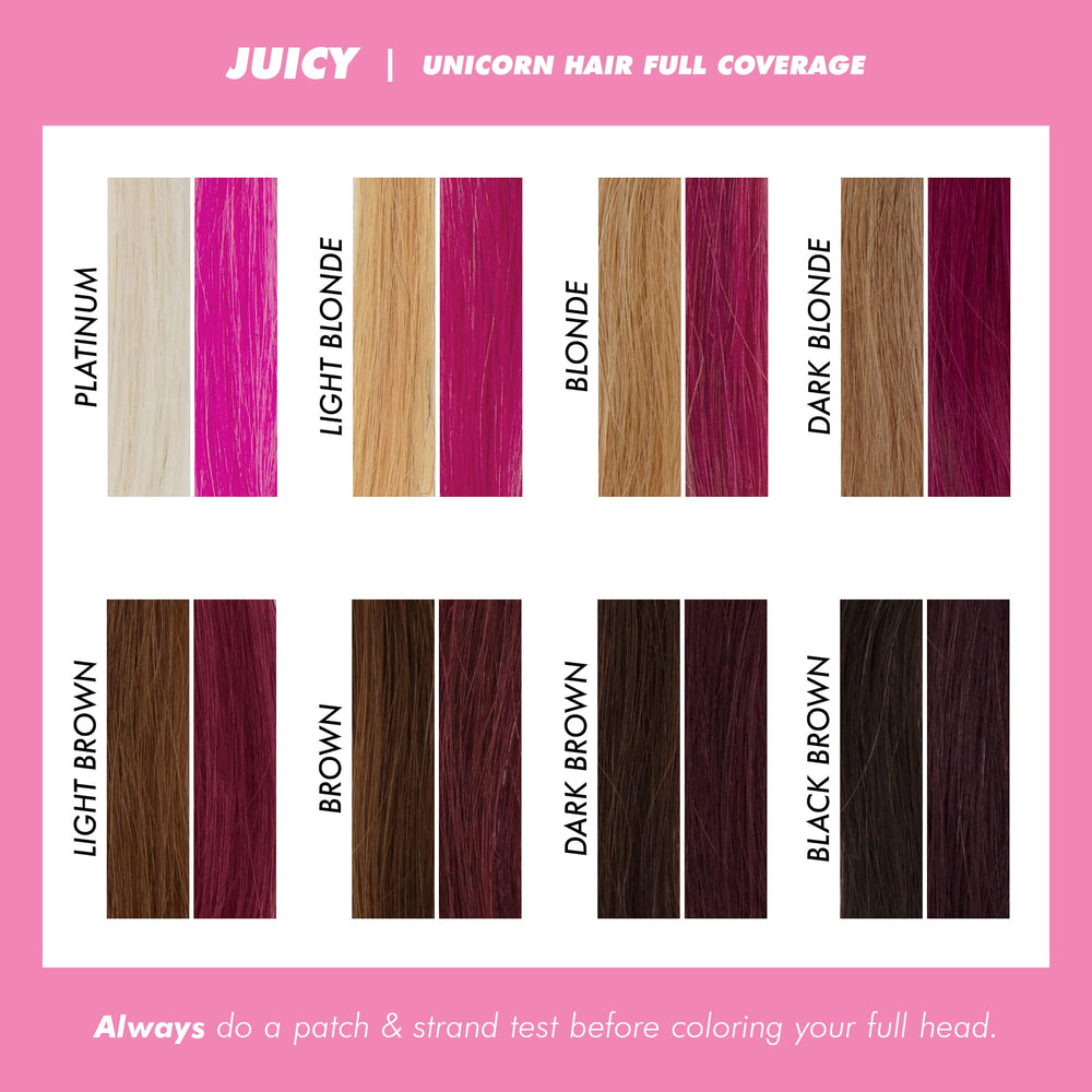 Lime Crime Juicy Unicorn Hair Dye color swatch — preview vibrant fuchsia shade before application