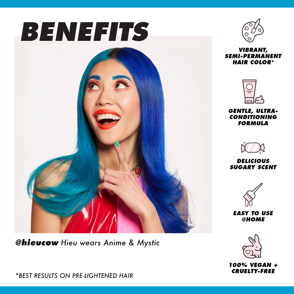 Lime Crime Unicorn Hair Dye Anime Candy Blue application focused on pre-lightened hair for saturated blue coverage