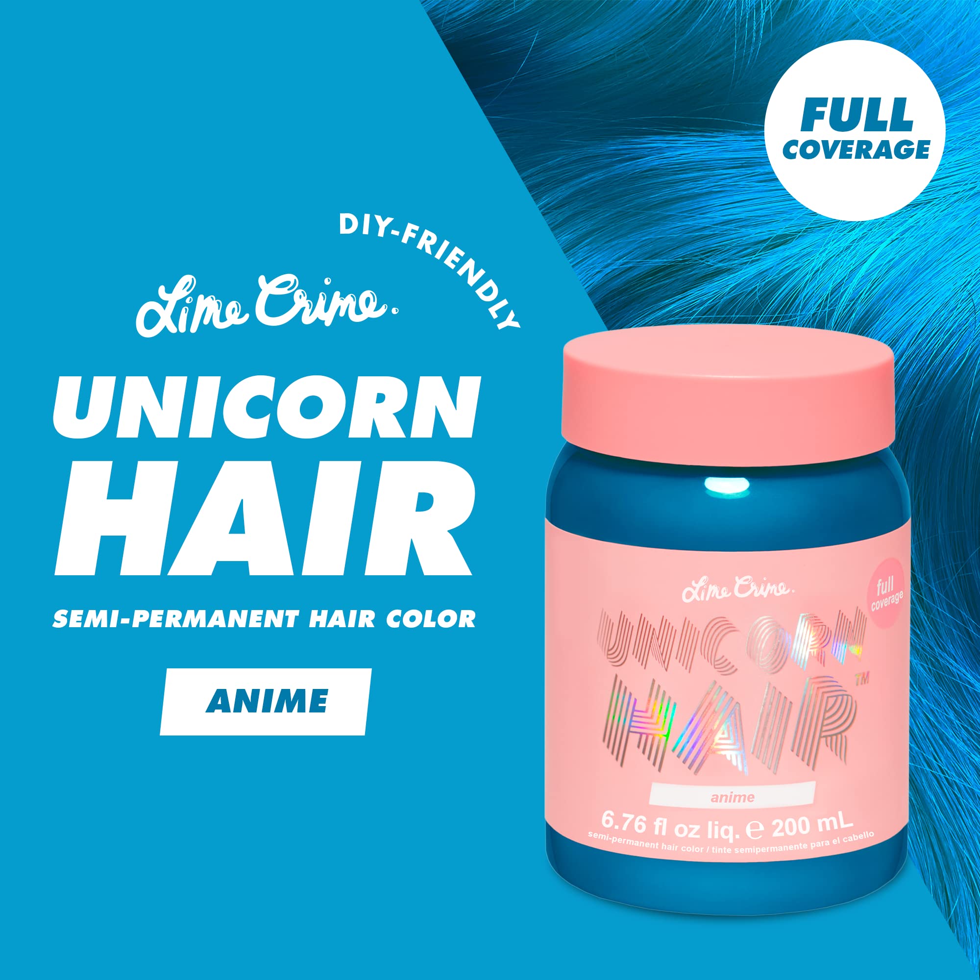 Lime Crime Unicorn Hair Dye Anime Candy Blue tube demonstrates easy application for salon-quality color at home