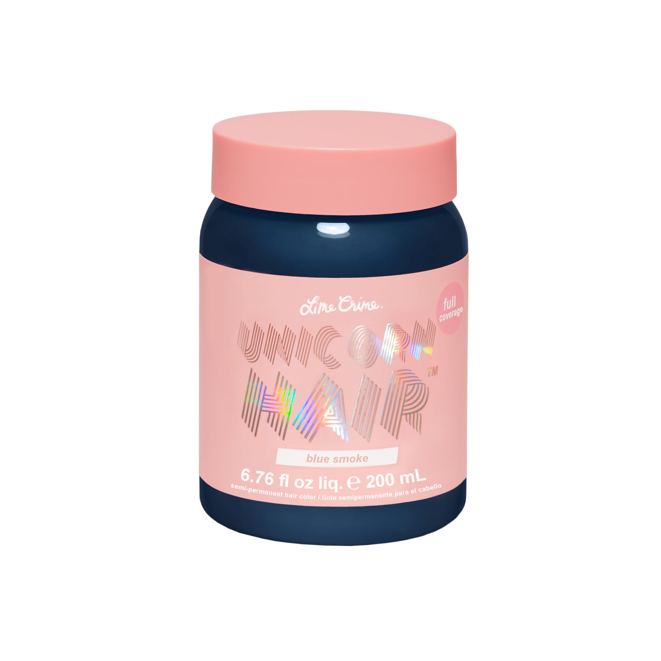 Lime Crime Unicorn Hair Dye Blue Smoke bottle shows vibrant steel blue shade for at-home color