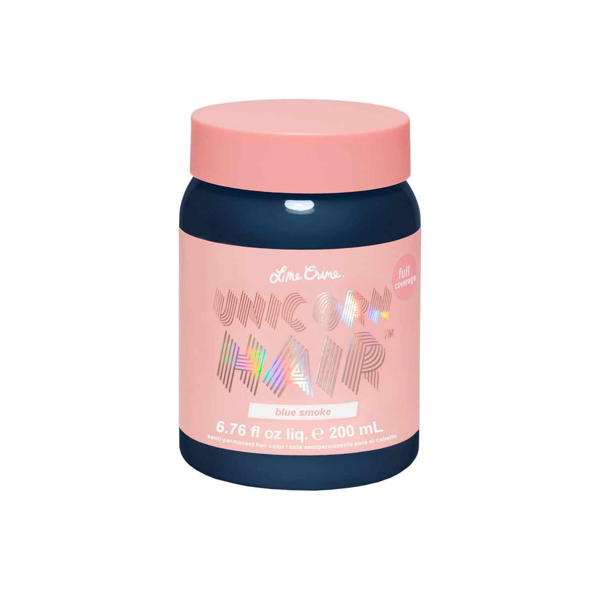 Lime Crime Unicorn Hair Dye Blue Smoke bottle shows vibrant steel blue shade for at-home color