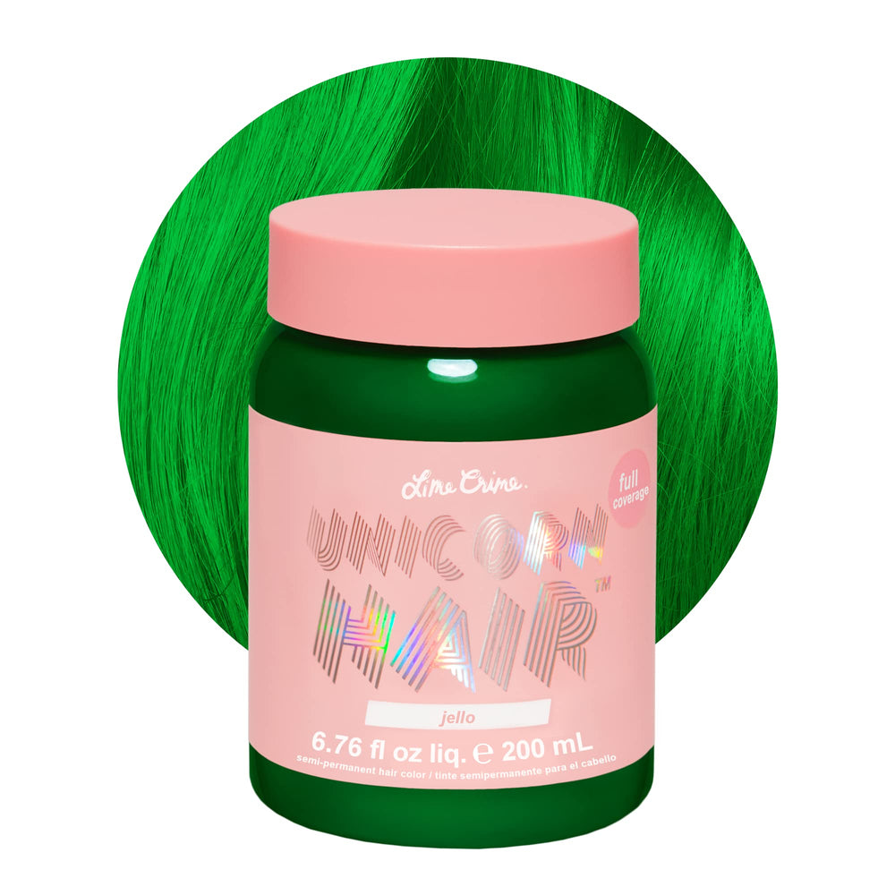 Lime Crime Unicorn Hair Dye Jello bottle shows tropical green for vibrant color