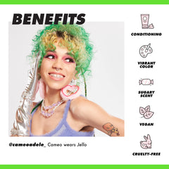 Lime Crime Unicorn Hair Dye Jello cap with swatch demonstrates color payoff