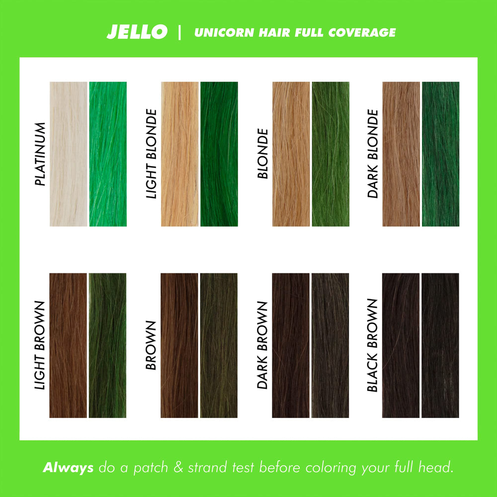 Lime Crime Unicorn Hair Dye Jello pre-lightened hair swatch shows bright green result
