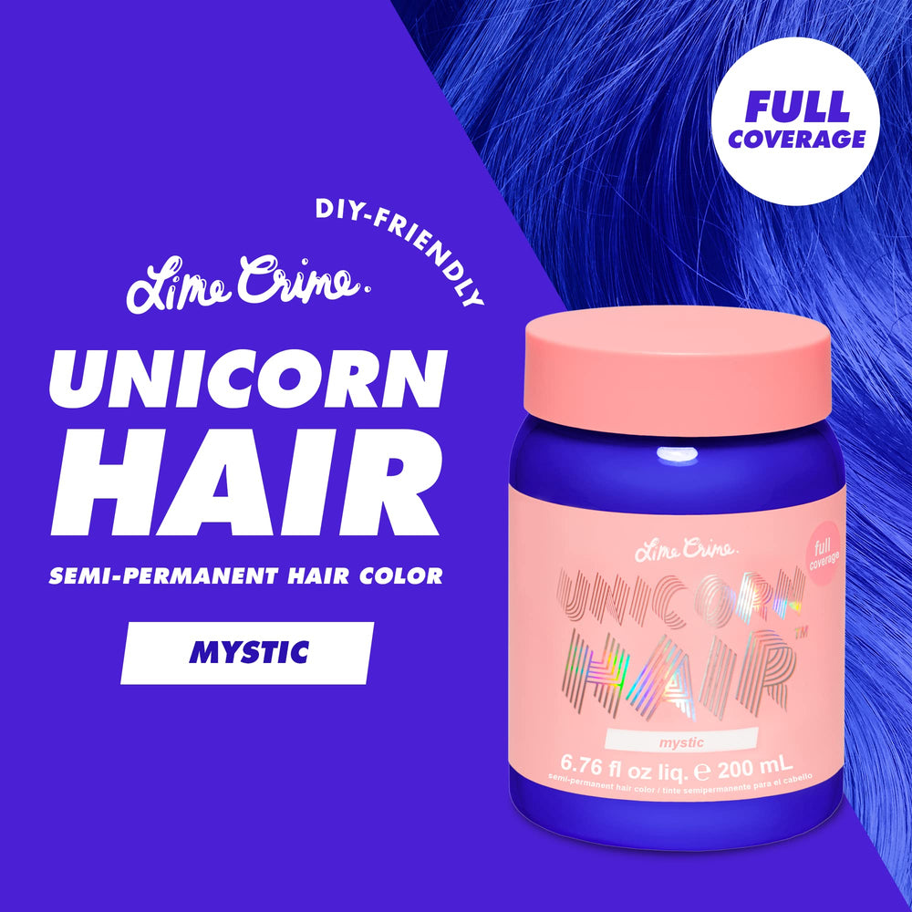 Lime Crime Unicorn Hair Dye Mystic before and after shows dramatic color transformation.