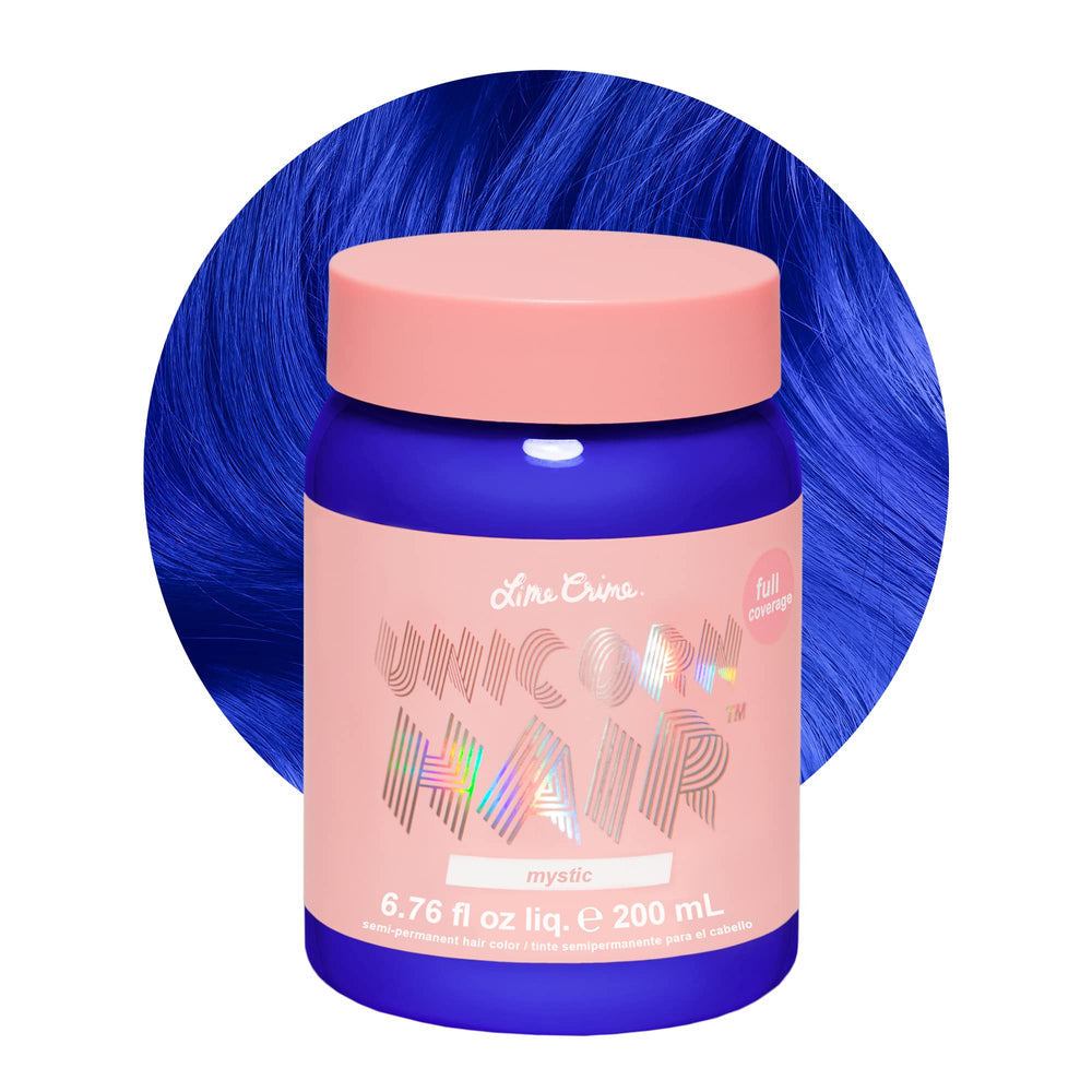 Lime Crime Unicorn Hair Dye Mystic electric blue bottle shows vegan semi-permanent color with conditioning benefits.