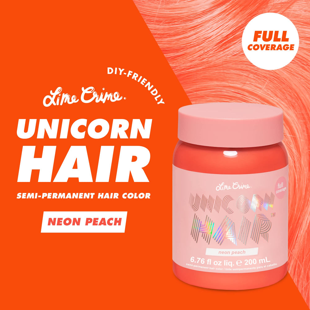 Lime Crime Unicorn Hair Neon Peach bottle demonstrates vivid color uptake and conditioning
