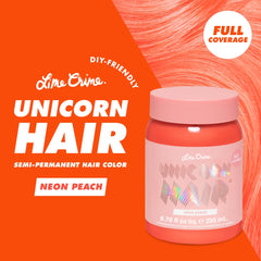 Lime Crime Unicorn Hair Neon Peach bottle demonstrates vivid color uptake and conditioning