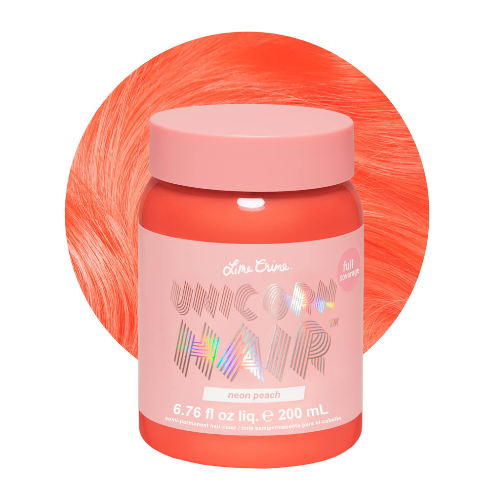 Lime Crime Unicorn Hair Neon Peach dye package shows vibrant color payoff for at-home styling