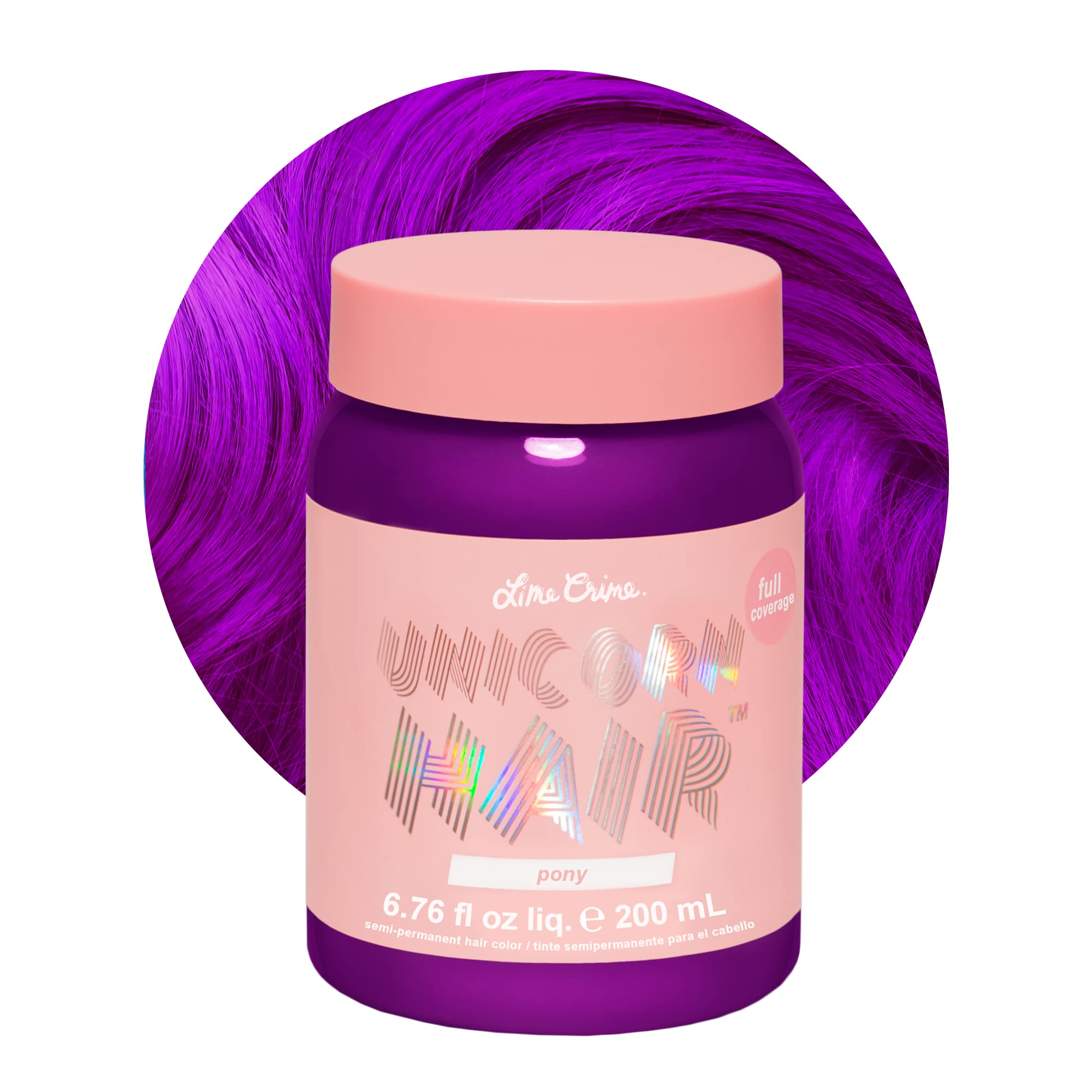 Lime Crime Unicorn Hair Dye Pony bottle showing vibrant violet-purple color for bold looks.