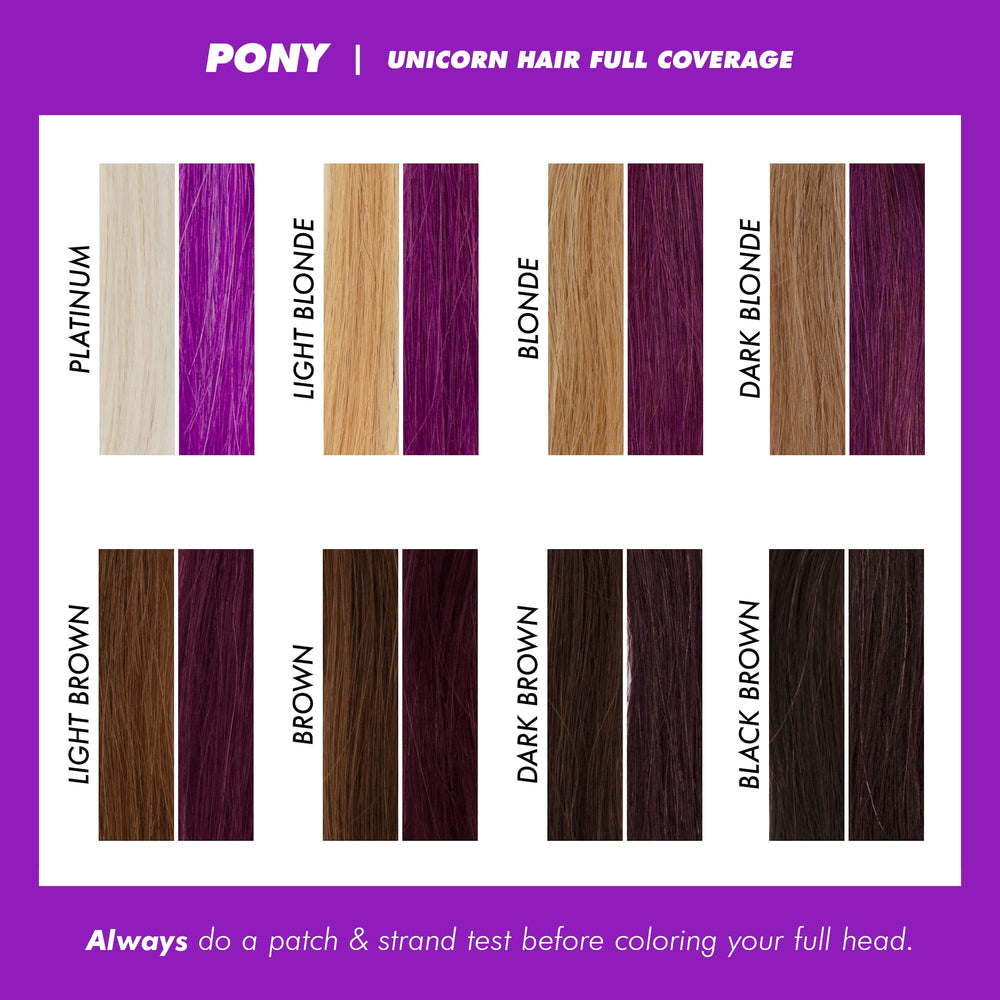 Damage-free claim visuals from Lime Crime Pony dye on hair.