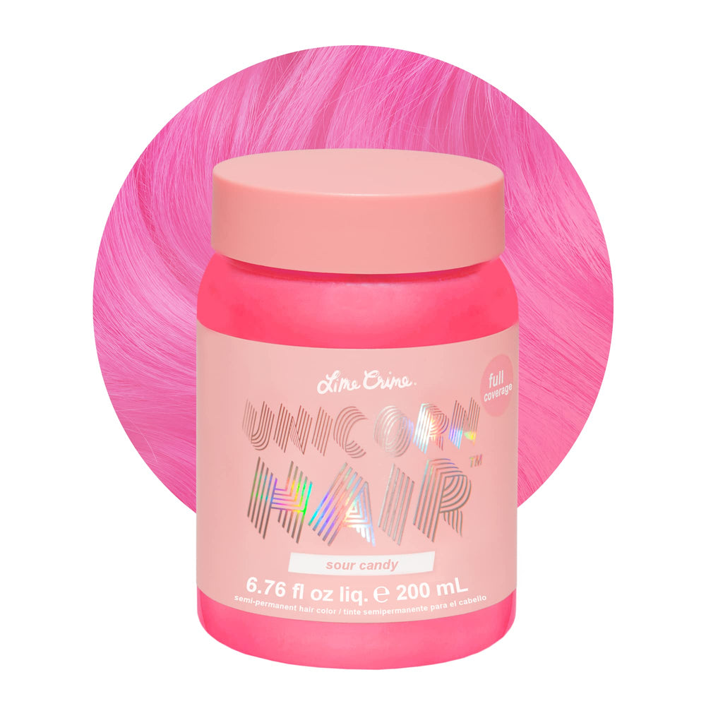 Lime Crime Unicorn Hair Dye Sour Candy bottle pour reveals vibrant pink color payoff.