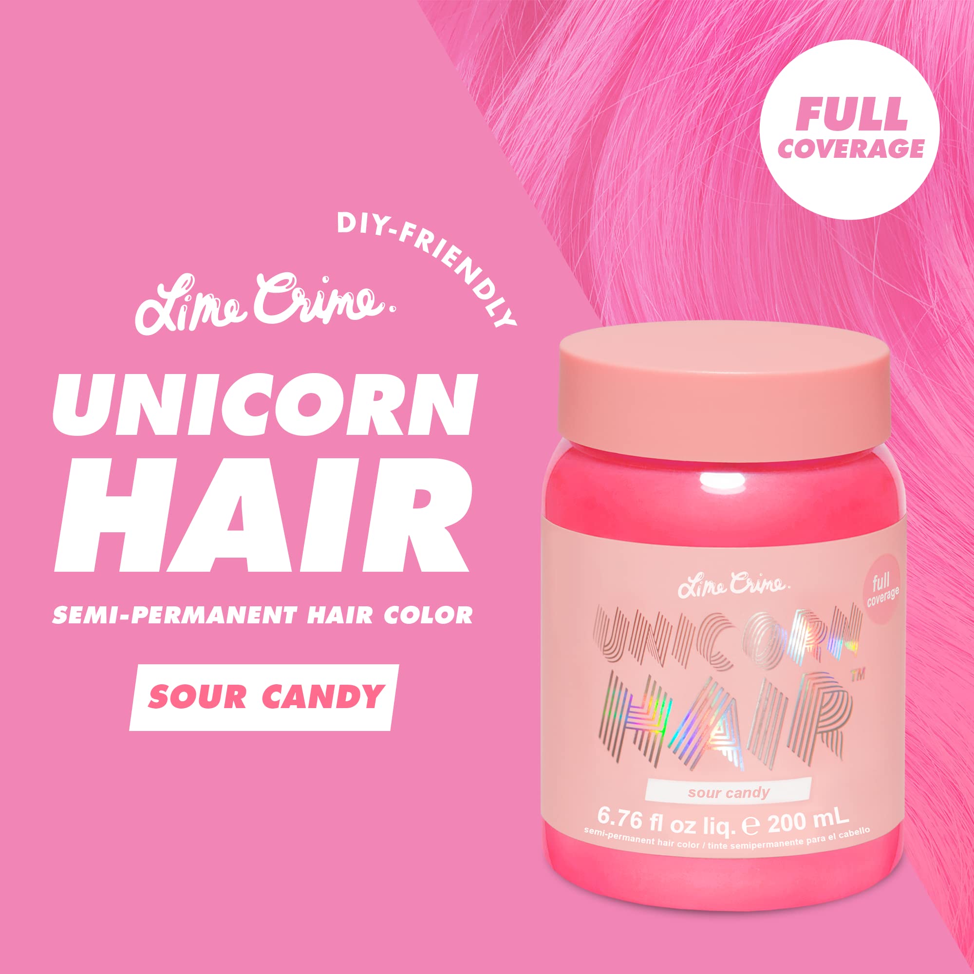 Lime Crime Unicorn Hair Dye Sour Candy swatches show bold pink shade possibilities.