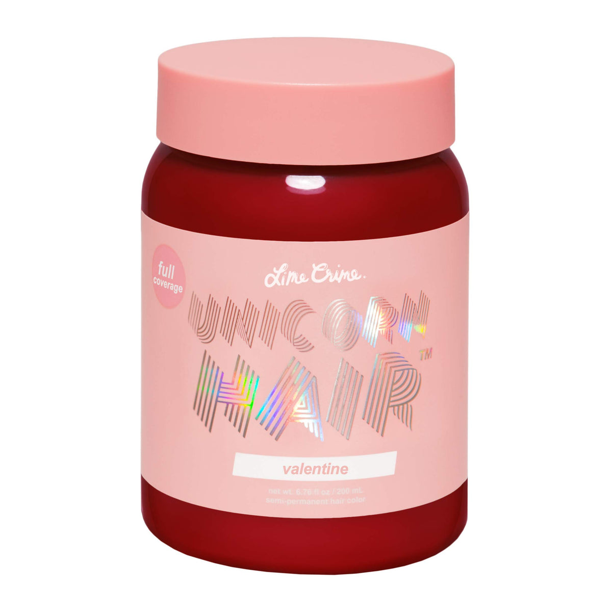 Lime Crime Unicorn Hair Dye Valentine Crimson Red bottle ready for vibrant color.