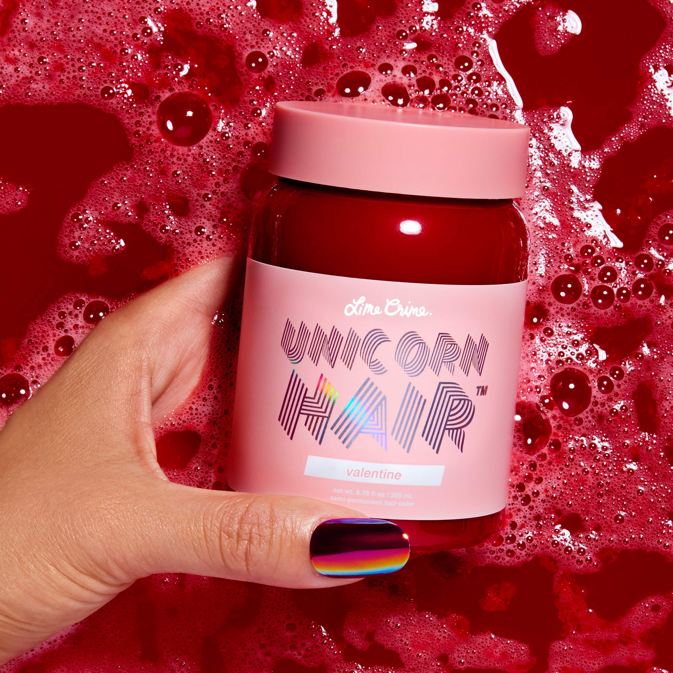 Lime Crime Unicorn Hair Dye Valentine Crimson Red hair color swatch shows rich shade preview.