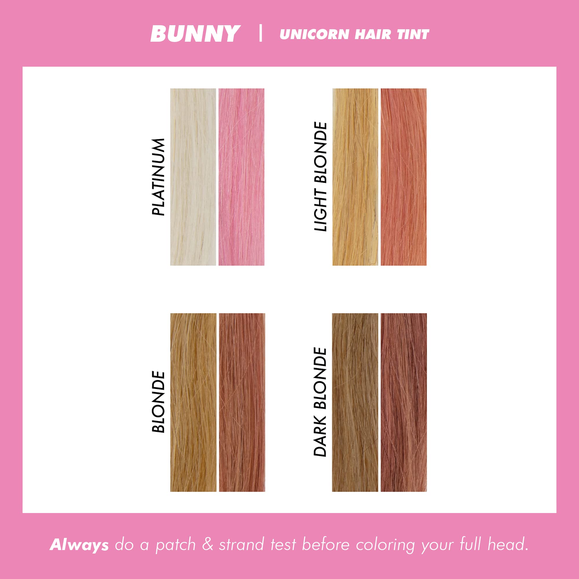 Lime Crime Unicorn Hair Tint Bunny pastel pink wash on light hair shows soft shine
