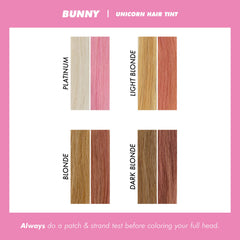 Lime Crime Unicorn Hair Tint Bunny pastel pink wash on light hair shows soft shine