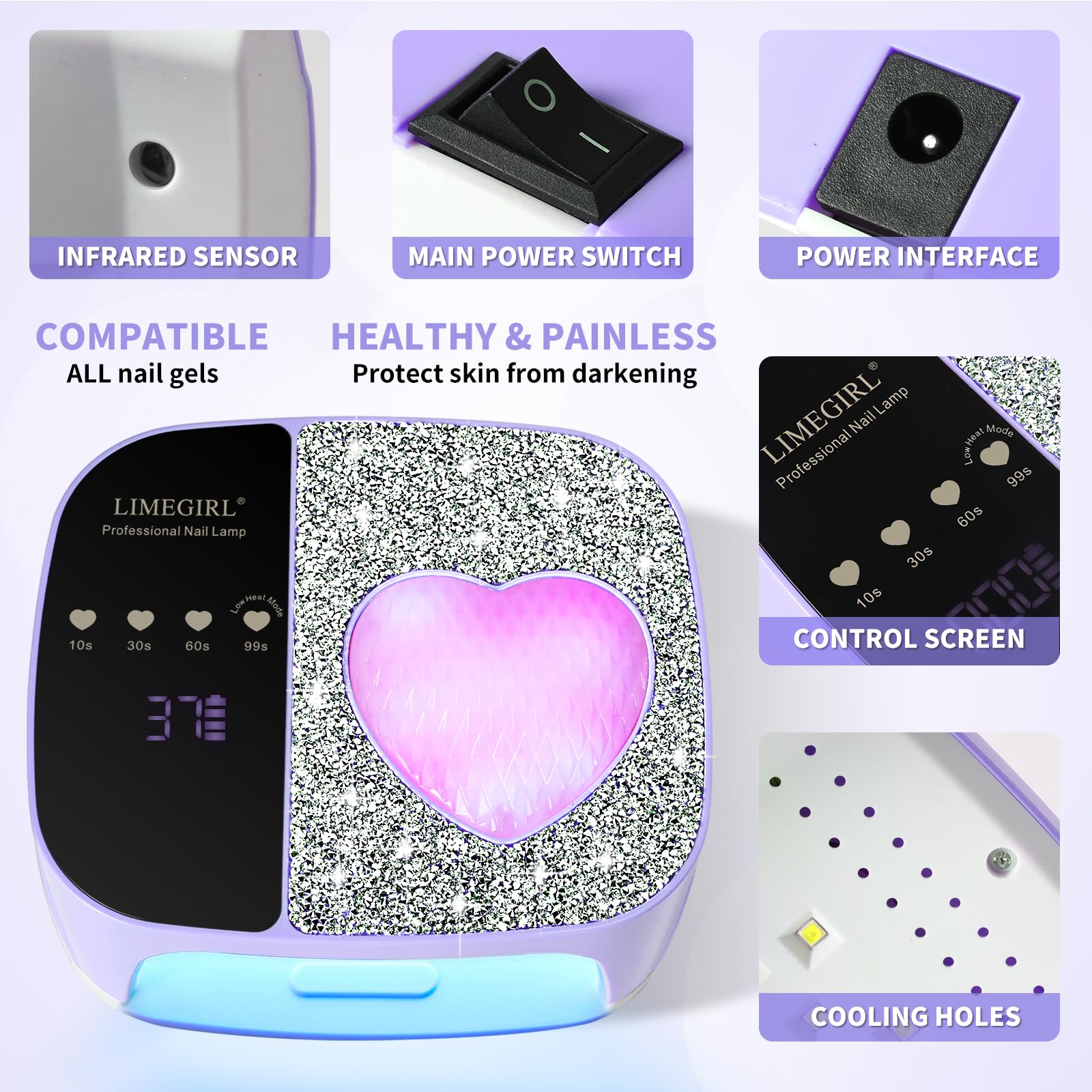 LimeGirl rhinestone heart light adds stylish ambiance during gel manicures
