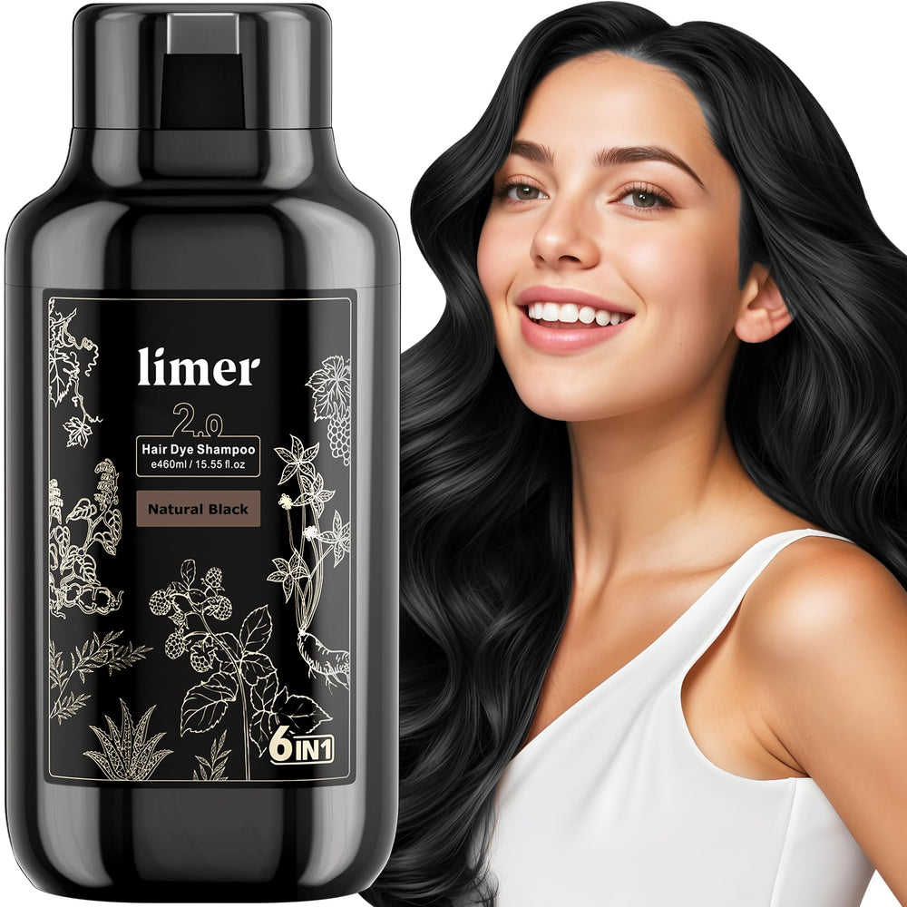 Limer Hair Dye Shampoo Natural Black bottle pump offers easy at-home gray coverage.