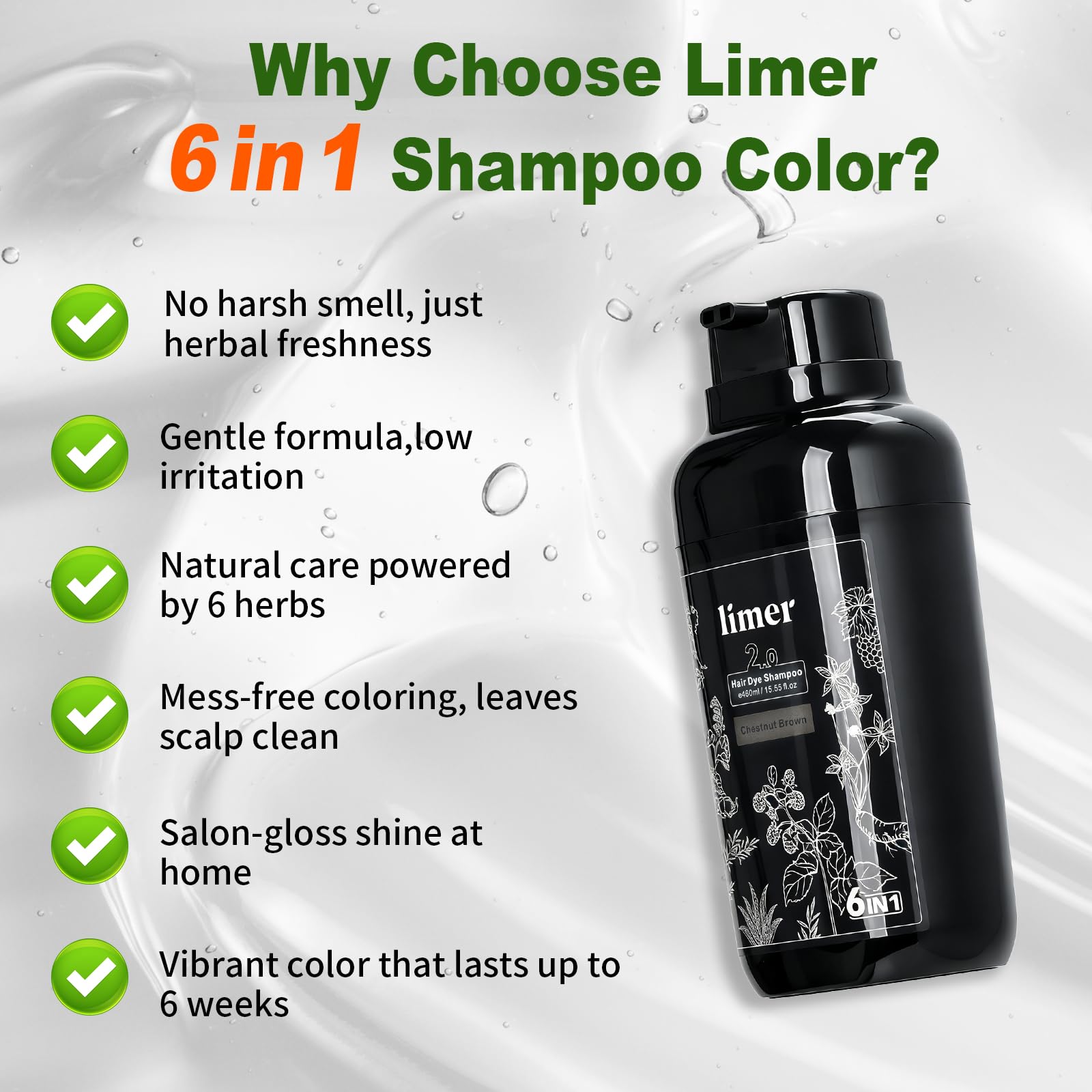 Limer Hair Dye Shampoo Natural Black after-use shine and softness from herbal formula.