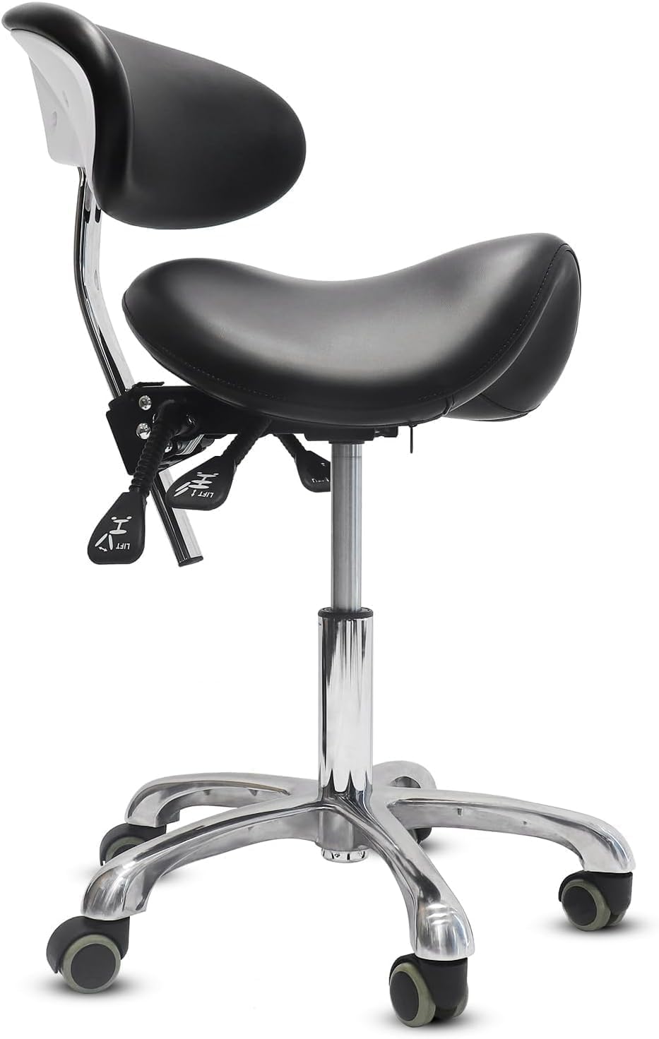 LIMKOMES saddle stool front view with wheels enables effortless movement around the workspace.