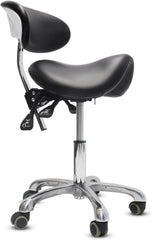 LIMKOMES saddle stool front view with wheels enables effortless movement around the workspace.