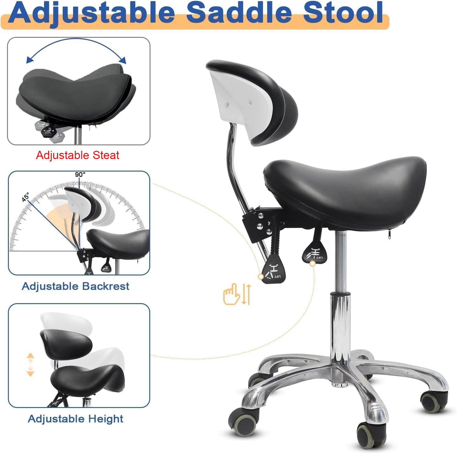 LIMKOMES saddle stool height adjustment ensures feet flat and aligned work posture.