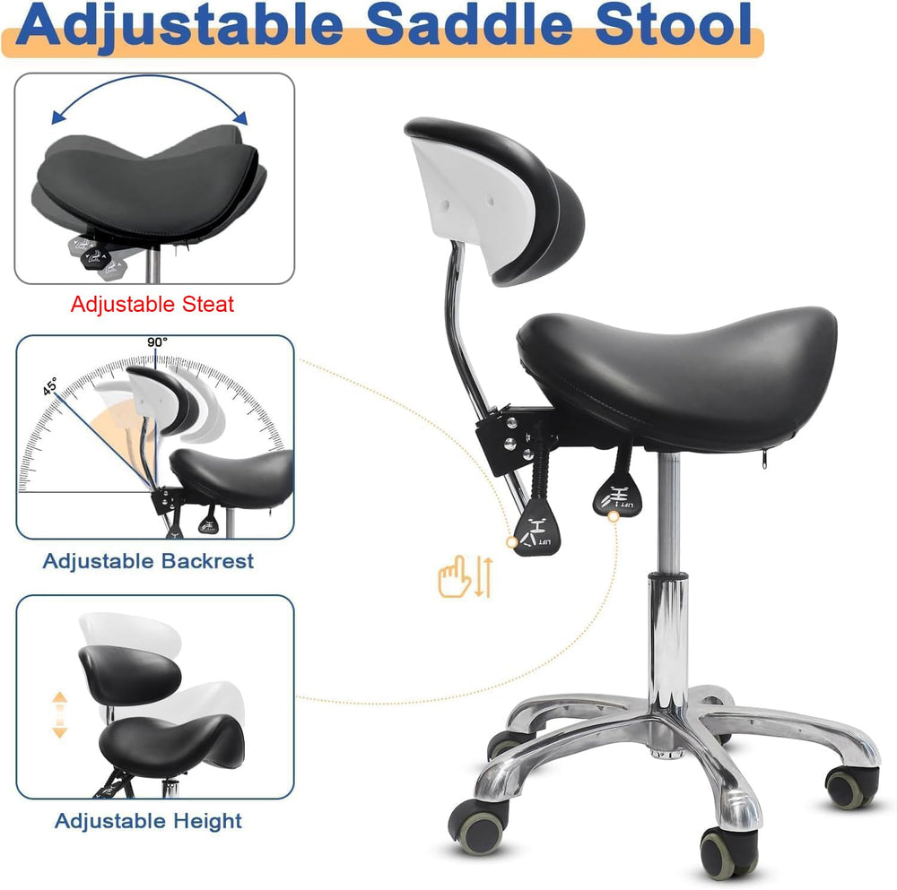 LIMKOMES saddle stool height adjustment ensures feet flat and aligned work posture.
