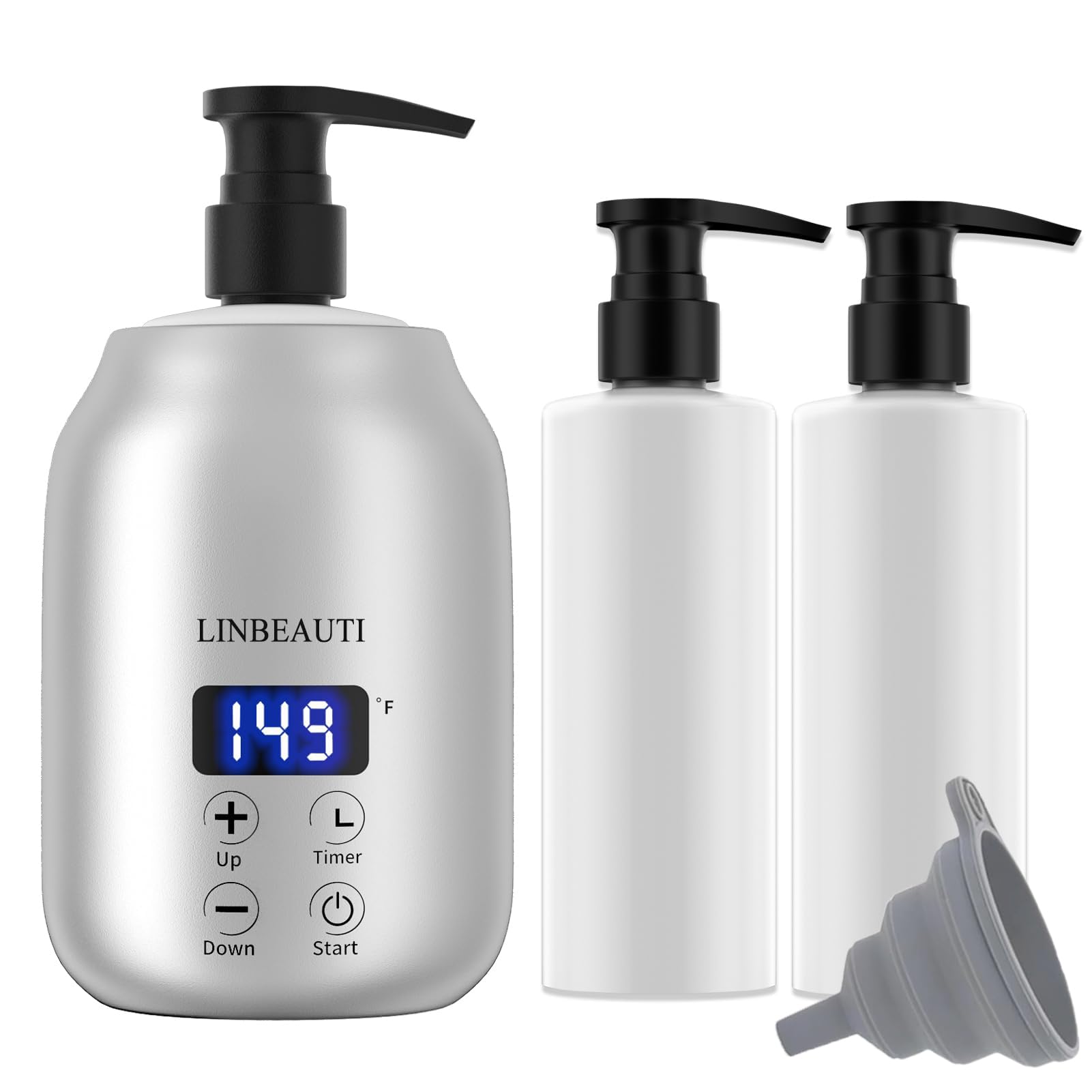 LINBEAUTI massage oil warmer front view showcases sleek silver design for home spa sessions