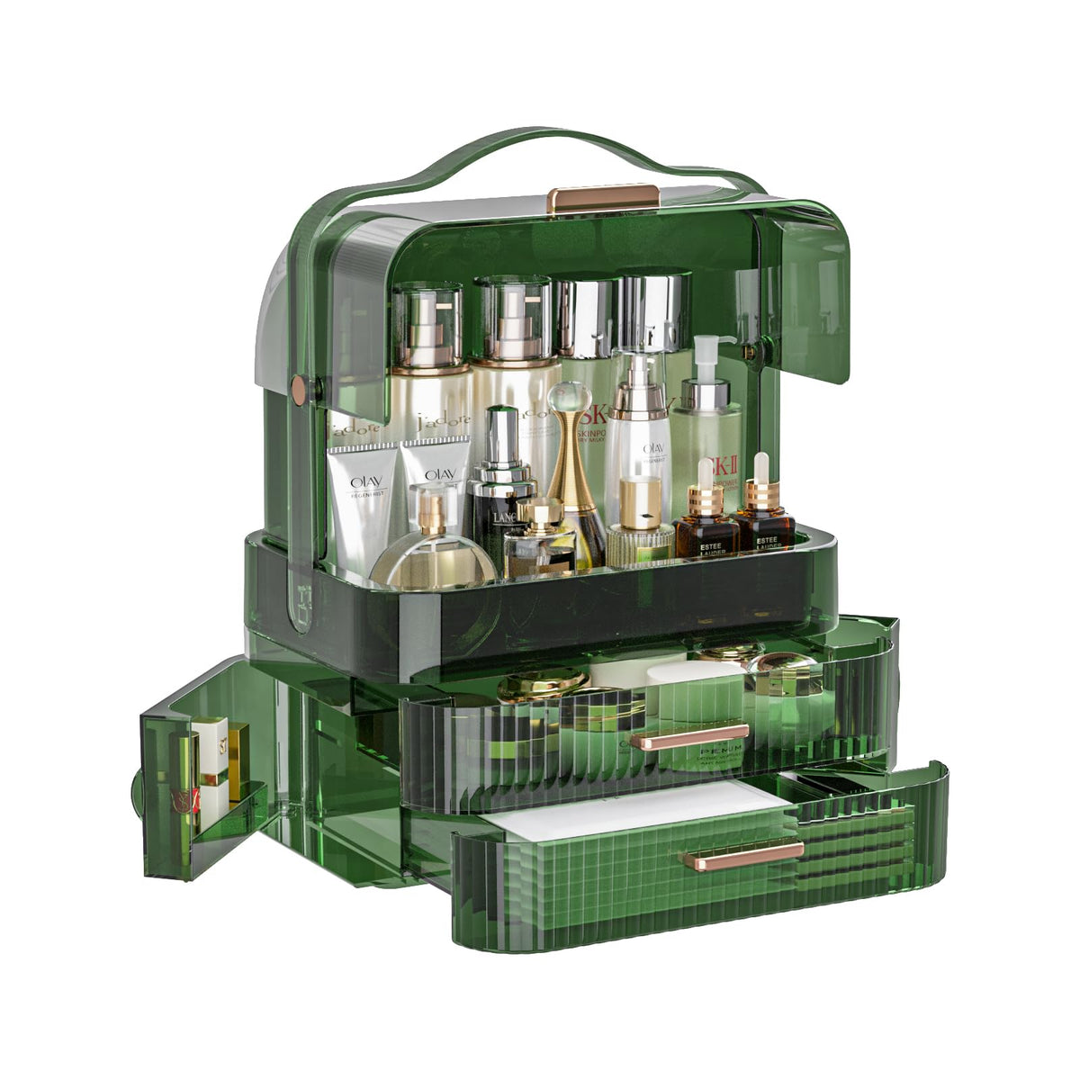LINFIDITE cosmetics storage box with transparent lid keeps cosmetics dust-free and accessible.