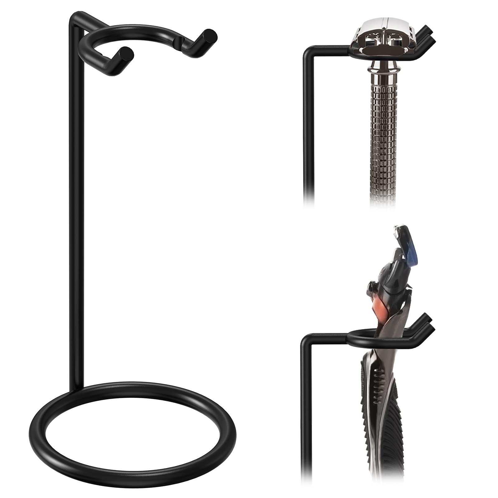 Linkidea stainless steel safety razor stand in black, front view, organized daily shaving storage