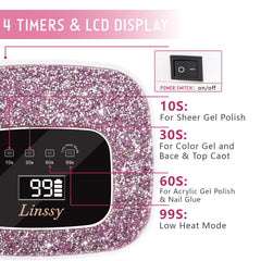 Linssy nail lamp highlighting 4 timing presets for precise curing across gel polishes.