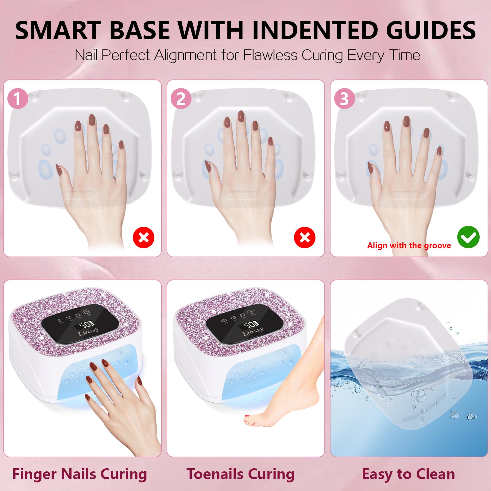 Linssy detachable base plate enables easy cleaning and hygienic gel nail sessions.