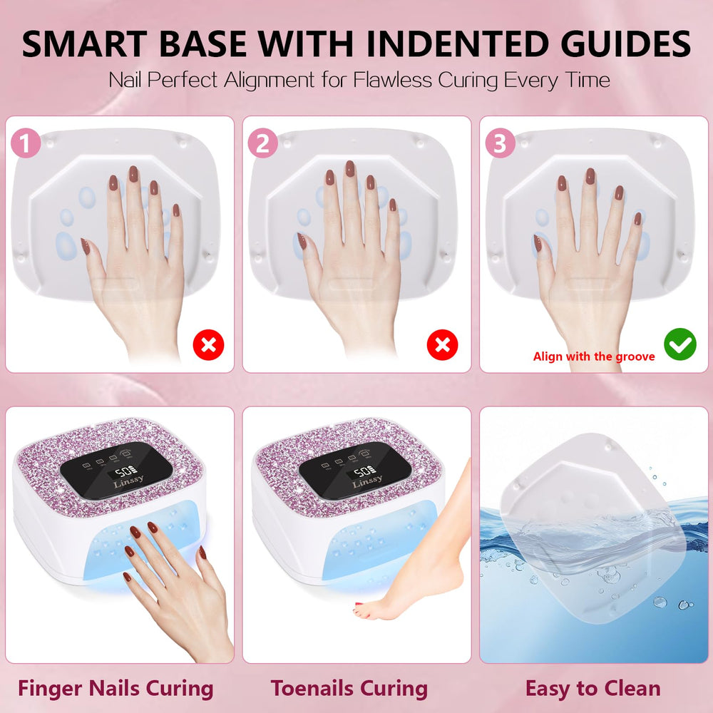 Linssy detachable base plate enables easy cleaning and hygienic gel nail sessions.