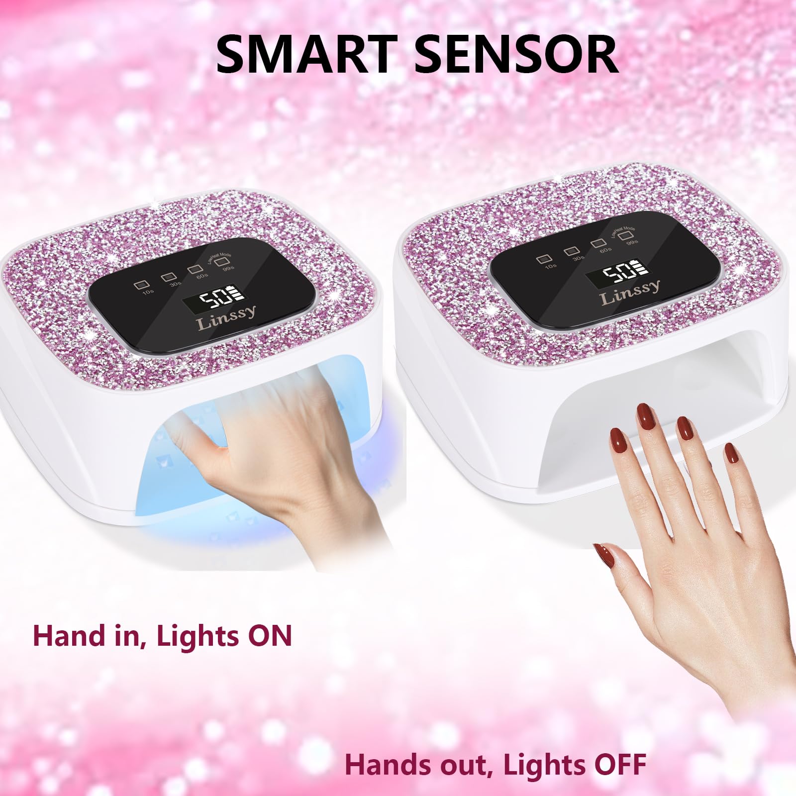 Linssy white nail lamp on table demonstrates home salon convenience and reliability.
