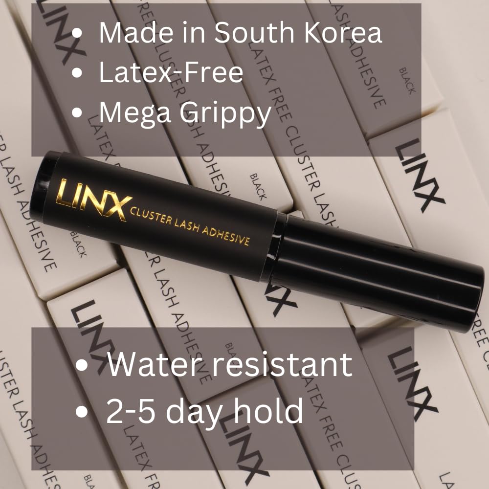 LINX lash glue with micro mascara wand enables precise under-lash coating.