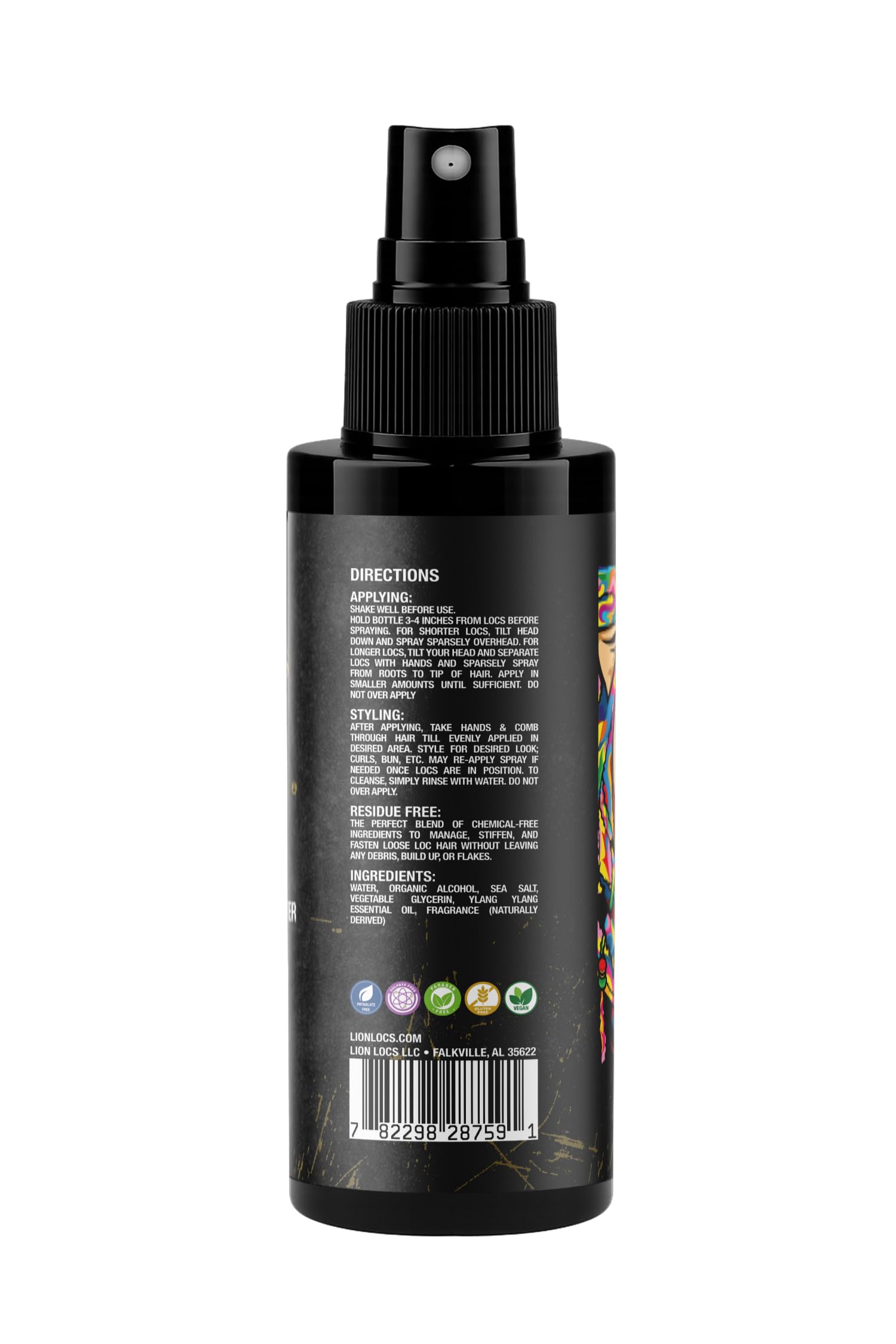Lion Locs natural ingredients label with vegan sea salt and aloe.