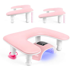 LIONVISON manicure arm rest, U-shaped pink PU leather, adjustable height for comfortable long sessions.
