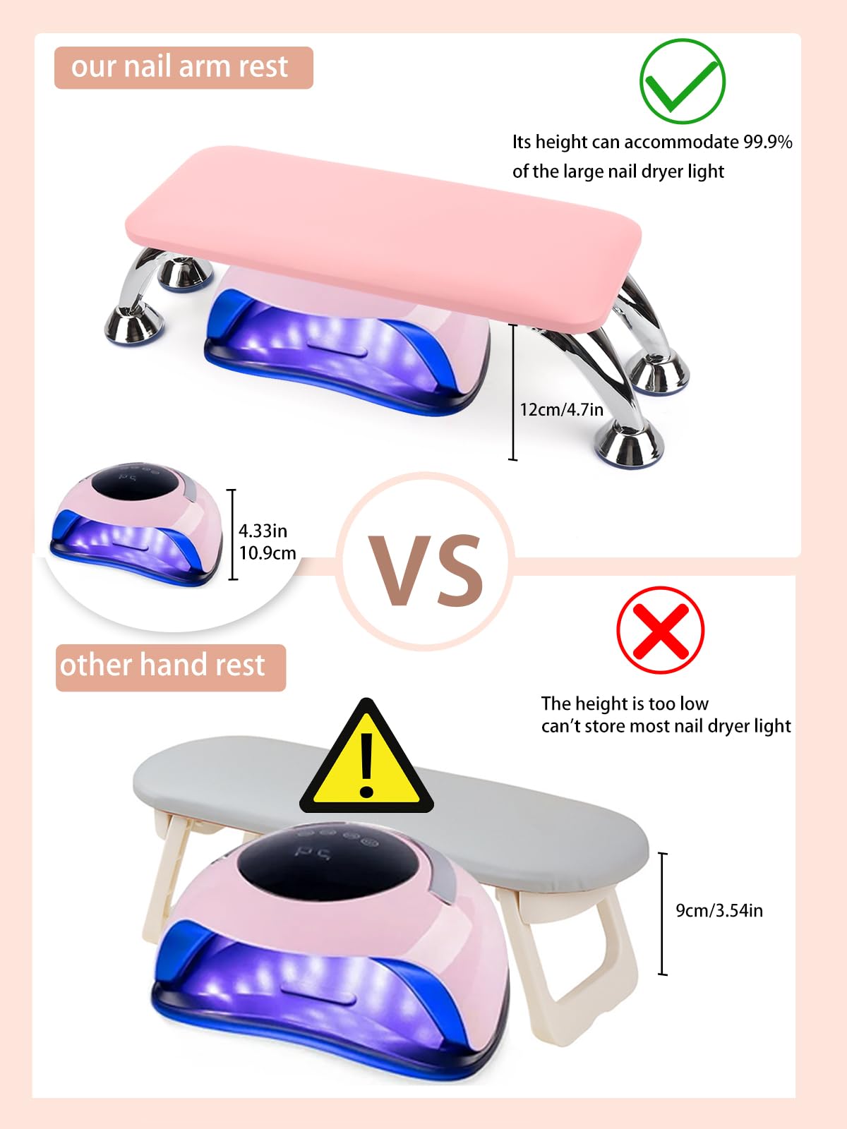 Lionvison nail arm rest shows generous space under for lamp placement.
